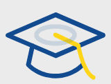 A blue and yellow graduation cap with a yellow ribbon.