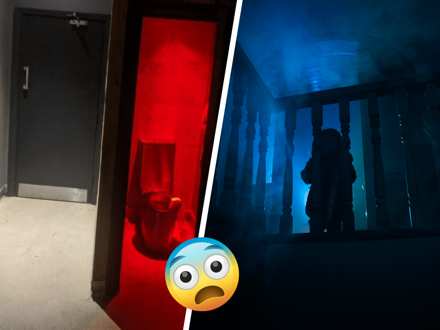 Two pictures of a room with a red light and a red door.